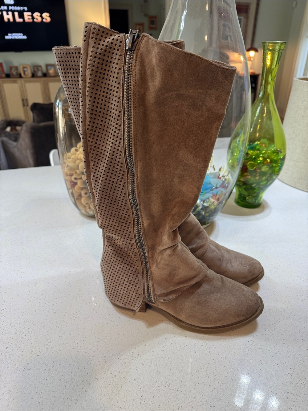 Very G Brown Over-the-Knee Perforated Suede Boots